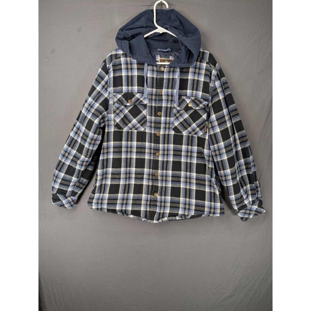 Legendary Outfitters Mens Blue Plaid Quilted Lined Hooded Flannel Shirt Jacket L